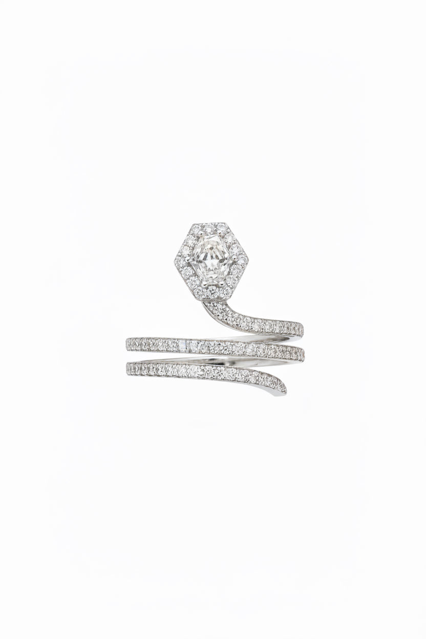 Cocktail Coil Ring with Hexgon Shaped Diamond