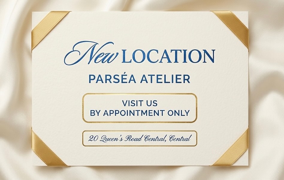 Parséa Atelier private appointment announcement in ivory, navy and gold